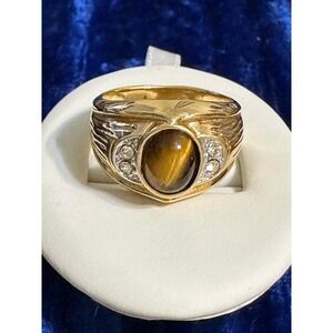 Vintage Gold Tone Ring Size 10.75 Tiger's Eye Cabochon & Rhinestones 10x8mm